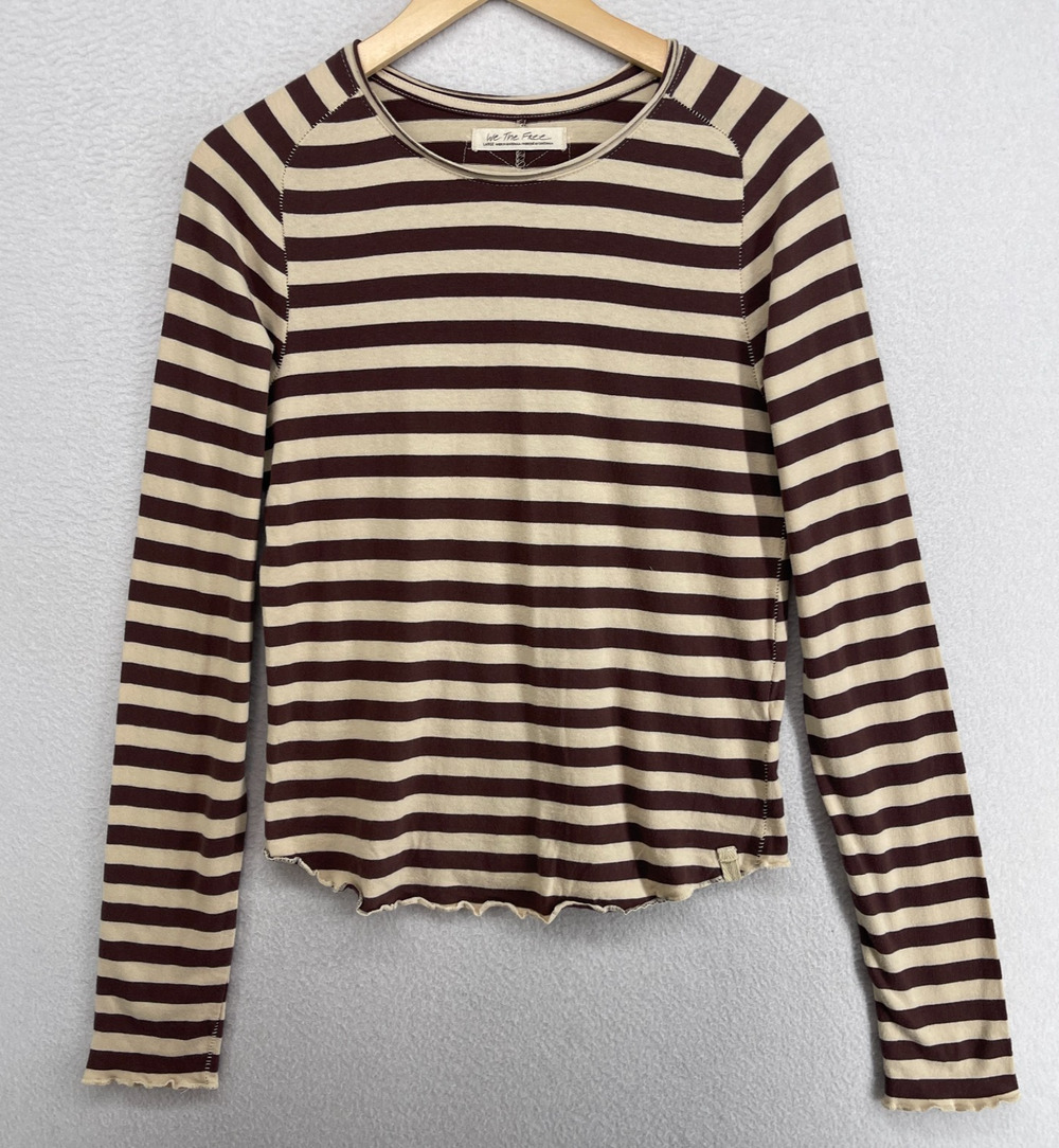 WE THE FREE Top L FREE PEOPLE Be My Baby Stripe Tee Long Sleeve Cotton Brown